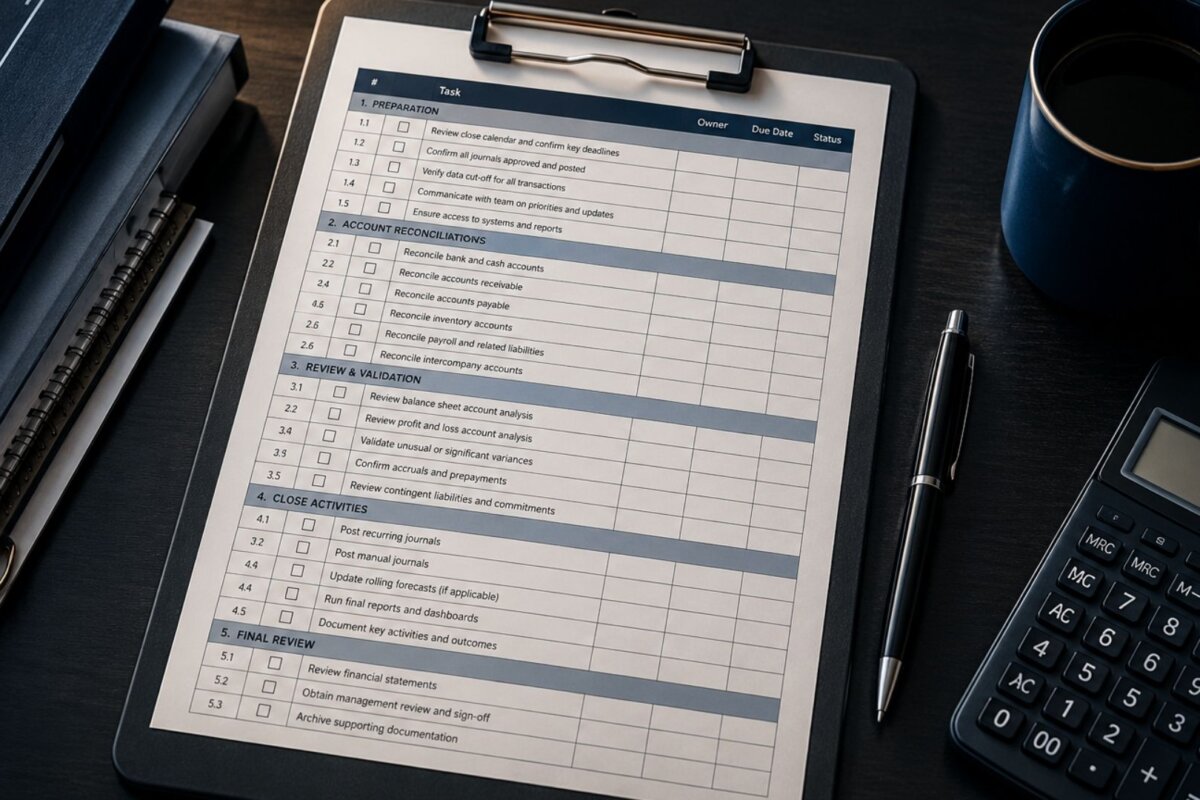 Finance team working through a month end close checklist together