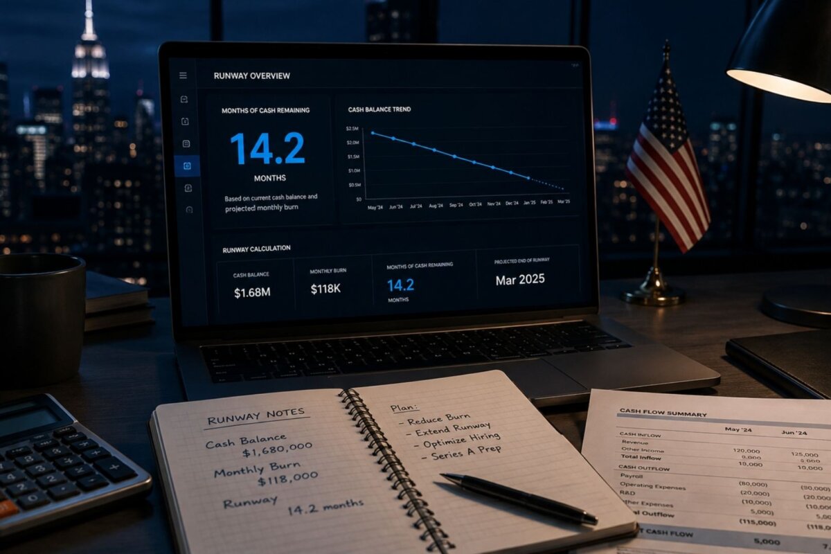 Founder working through a startup runway calculation with a fractional CFO